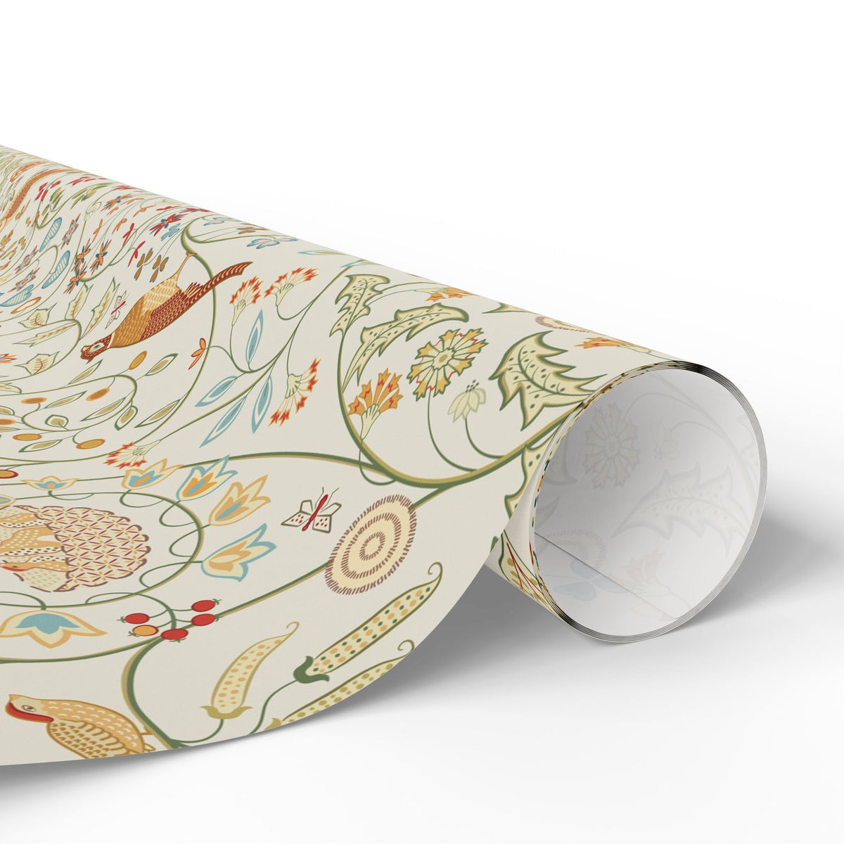 Roll of decorative paper with floral and nature-themed design on a white background