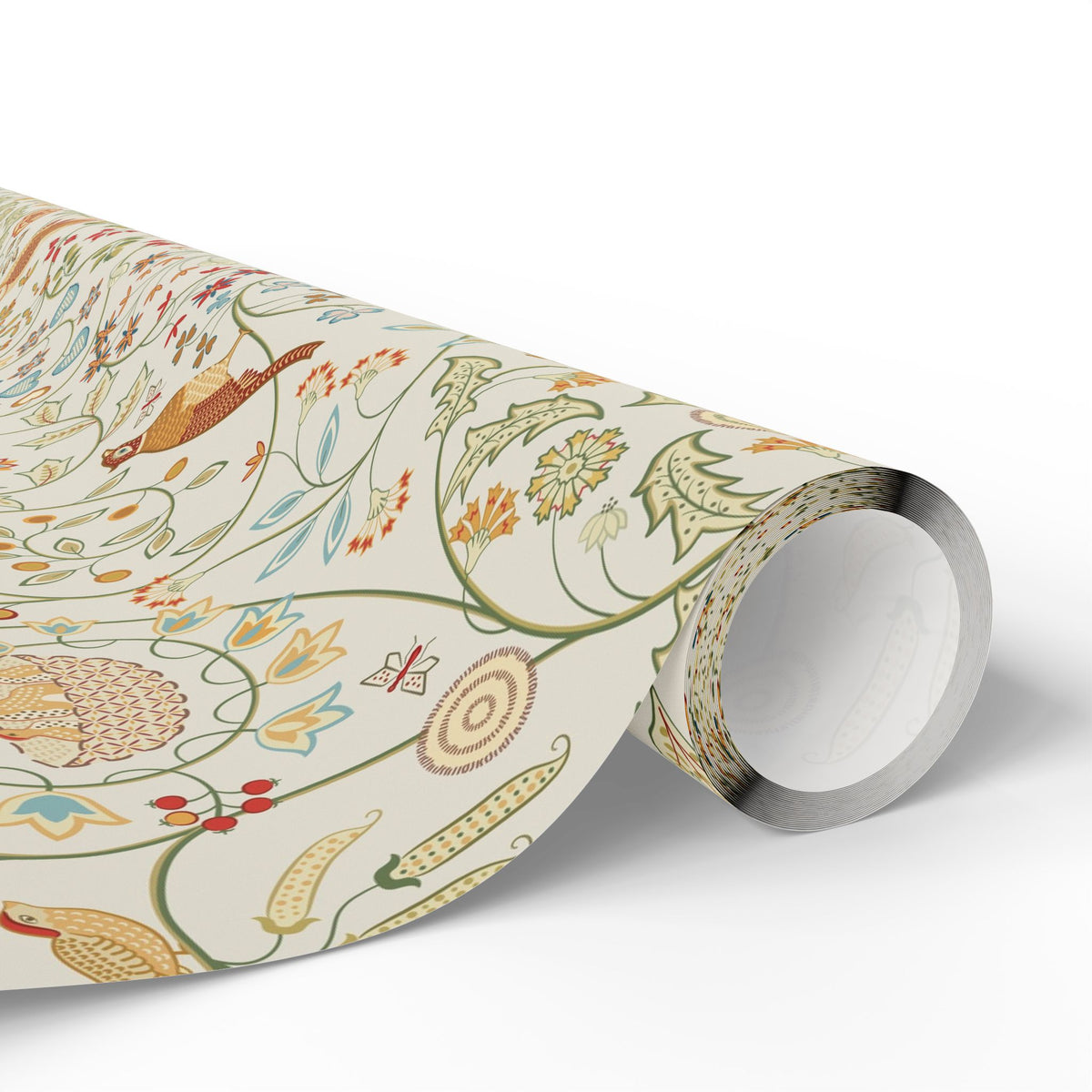 Roll of decorative paper with floral and nature-themed design on a white background