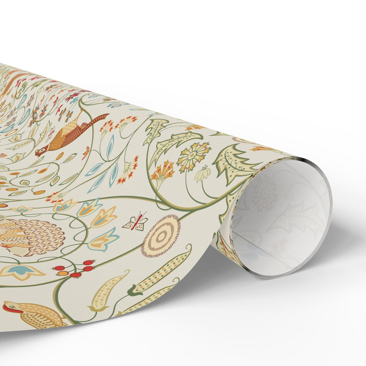 Roll of decorative paper with floral and nature-themed design on a white background