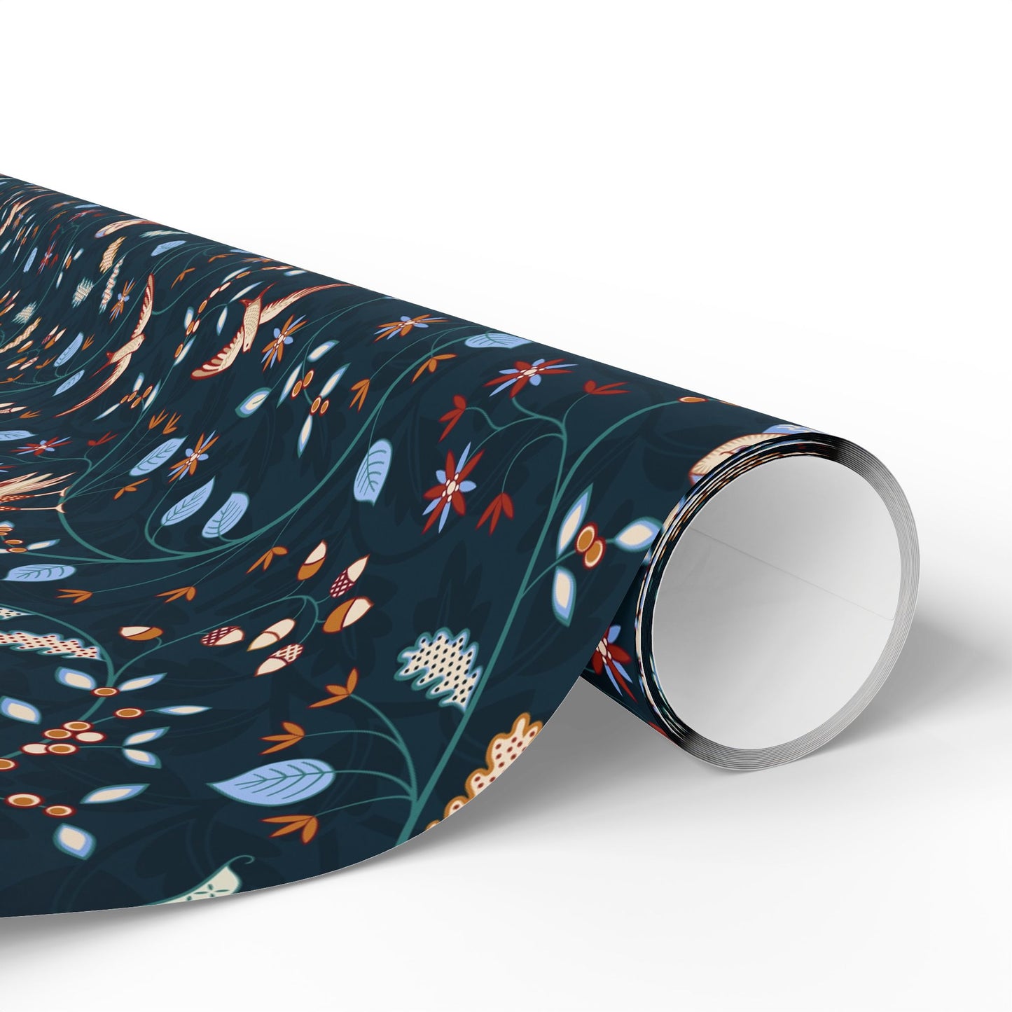 Roll of floral-patterned wrapping paper on a white background