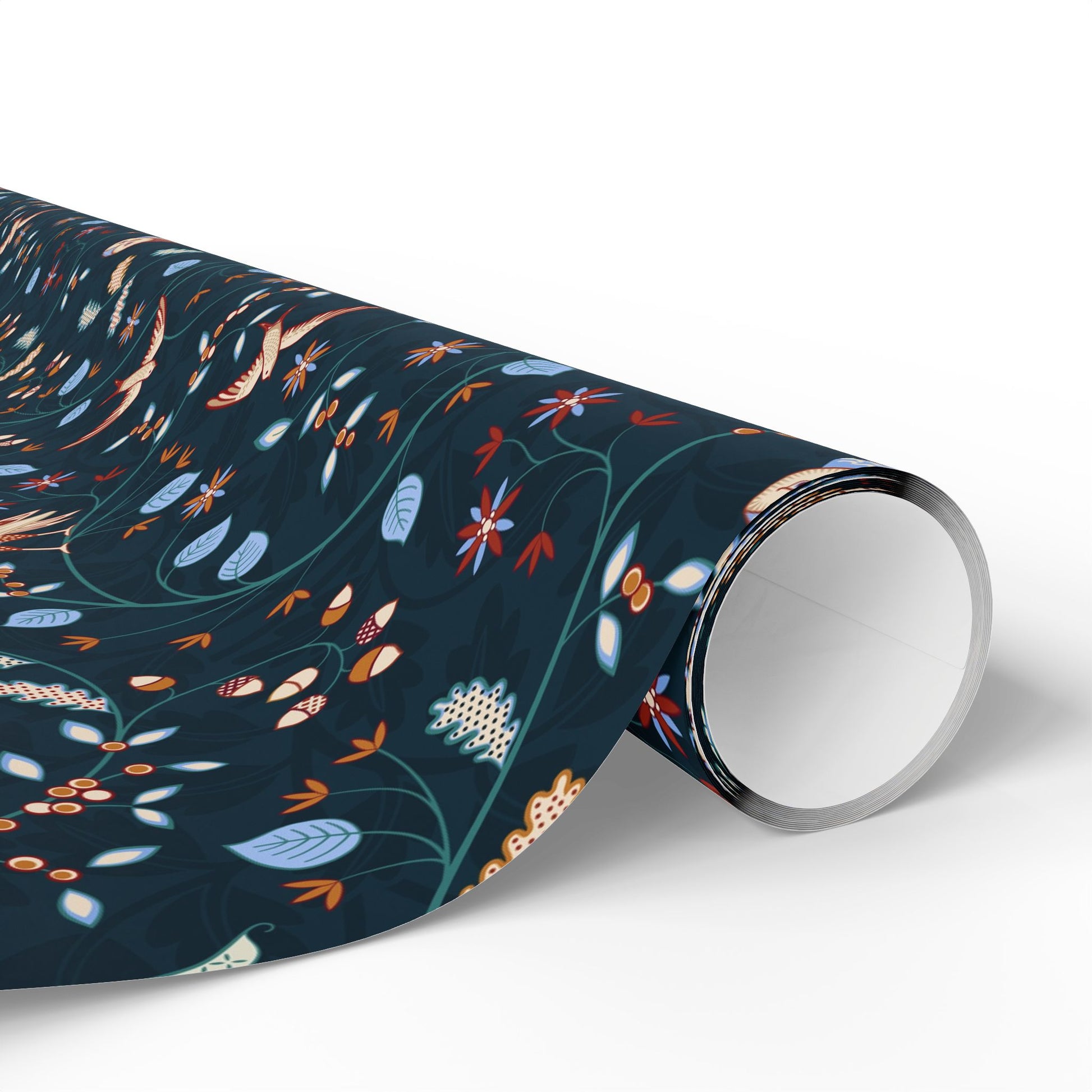 Roll of floral-patterned wrapping paper on a white background