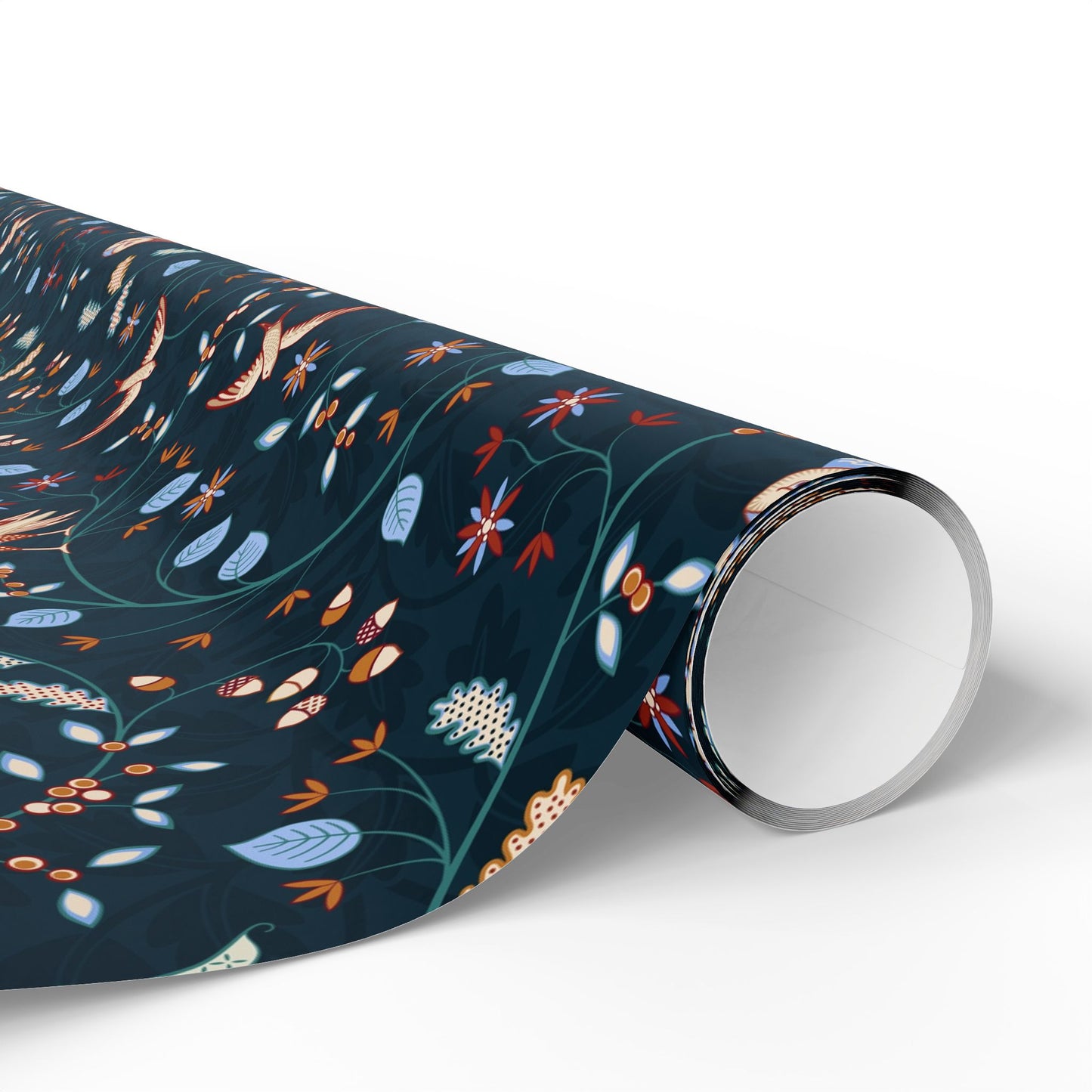 Roll of floral-patterned wrapping paper on a white background