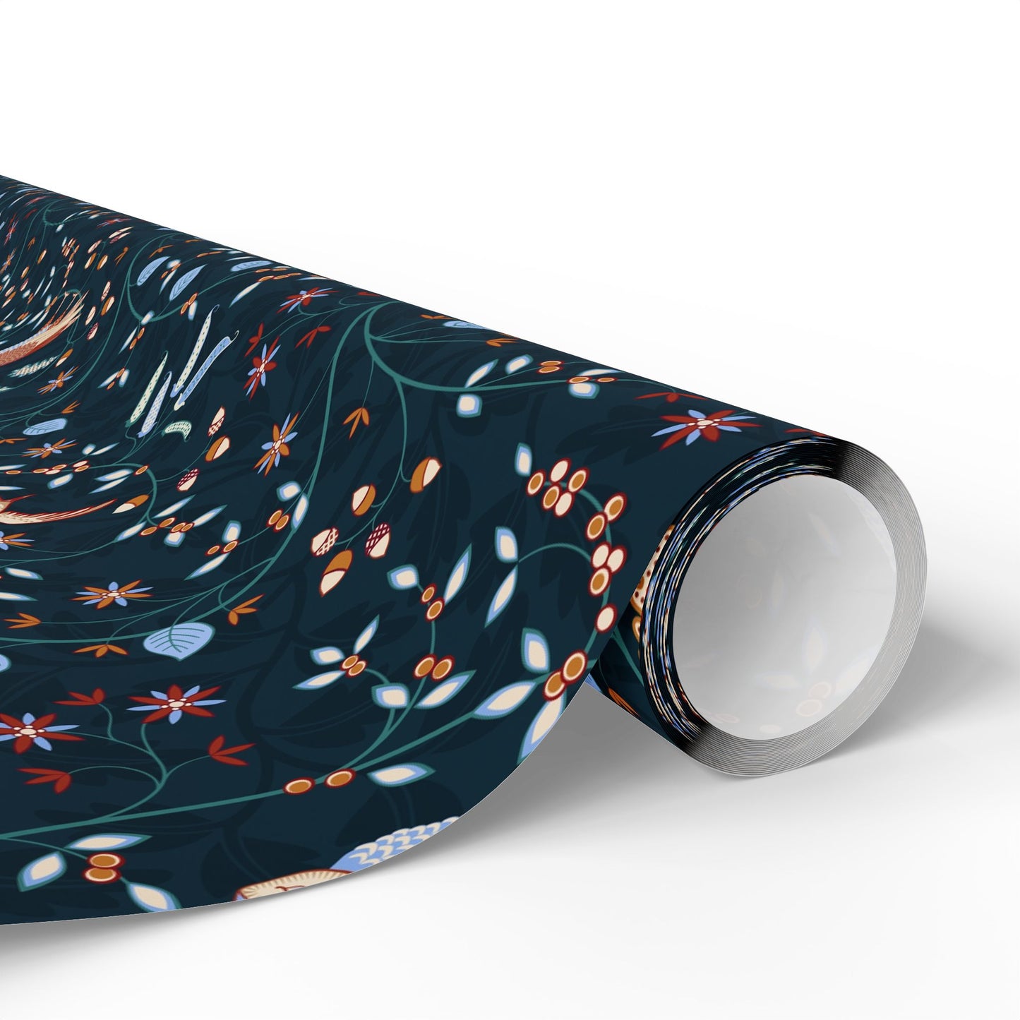 Roll of decorative paper with floral pattern on a white background