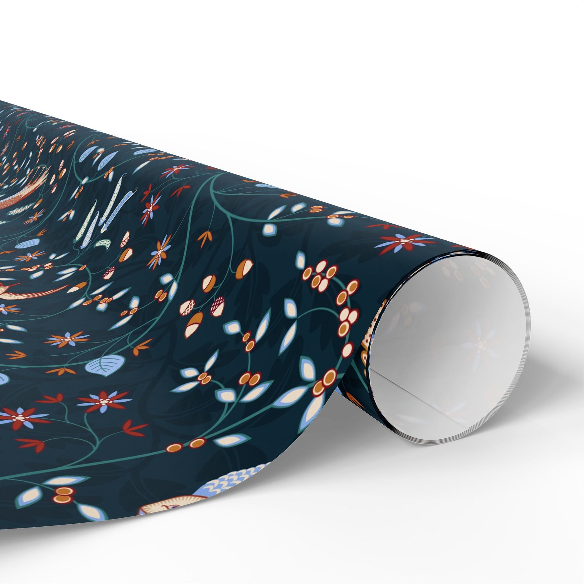 Roll of decorative paper with a floral pattern on a white background