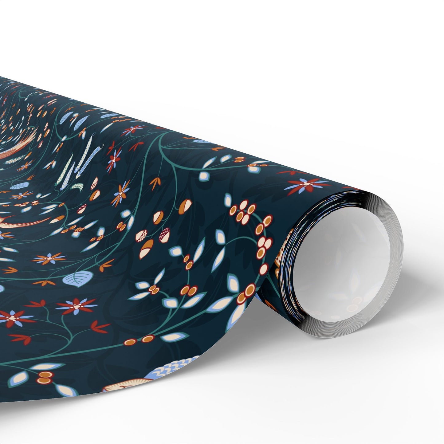 Roll of decorative paper with floral pattern on a white background