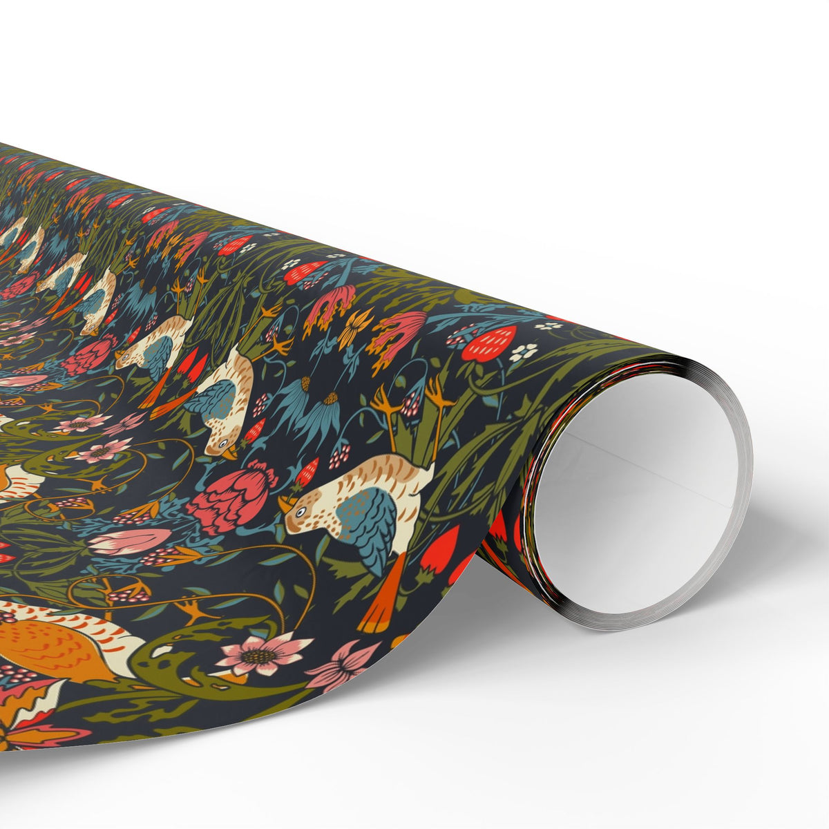 Roll of colorful wrapping paper with animal and floral design on a white background