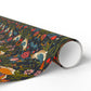 Roll of colorful wrapping paper with animal and floral design on a white background