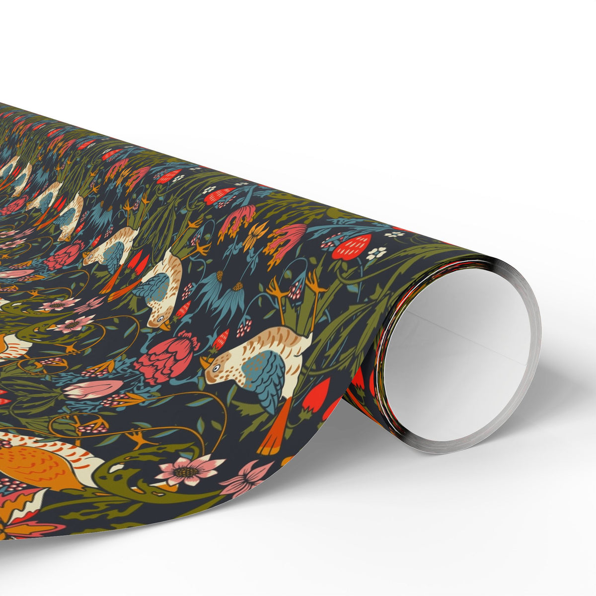 Roll of colorful wrapping paper with animal and floral design on a white background