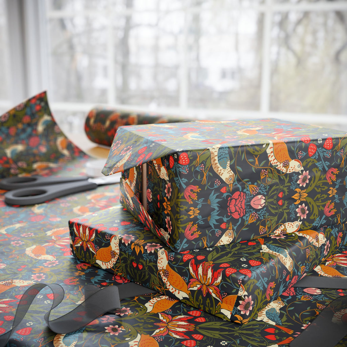 Gift box wrapped in colorful floral-patterned paper with scissors nearby on a table.