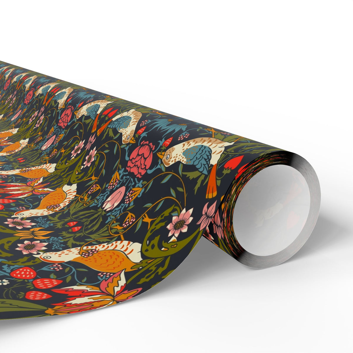 Roll of colorful wrapping paper with floral and bird design on a white background.