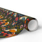 Roll of colorful wrapping paper with floral and bird design on a white background