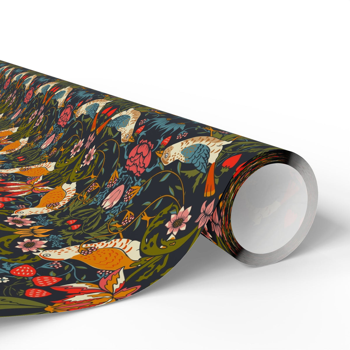 Roll of colorful wrapping paper with floral and bird design on a white background