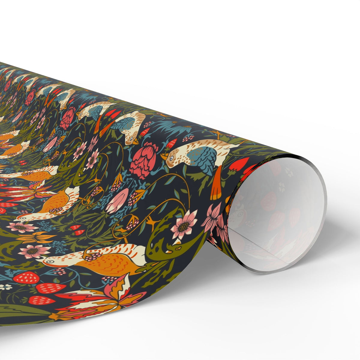 Roll of colorful wrapping paper with floral and animal designs on a white background.