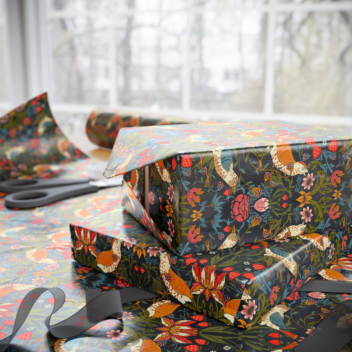 Gift box wrapped in colorful floral paper with scissors on a table.