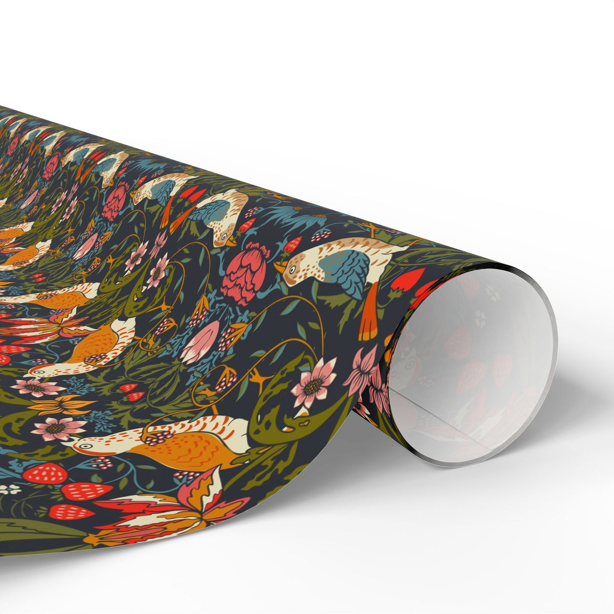 Roll of colorful wrapping paper with floral and animal designs on a white background.