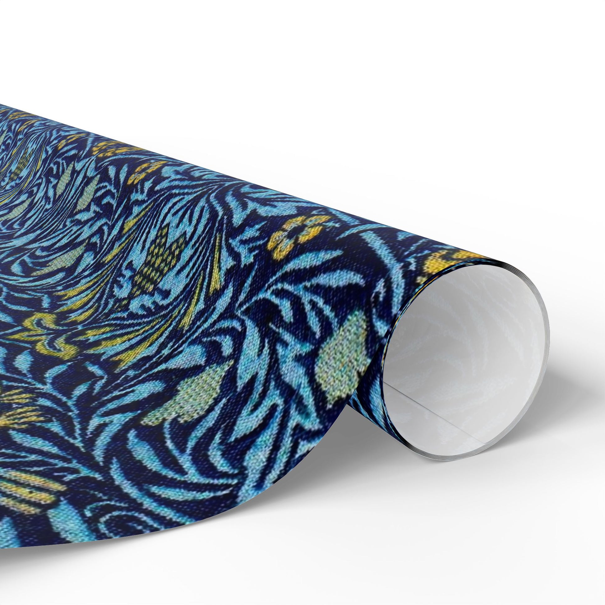 Roll of blue and yellow patterned fabric on a white background