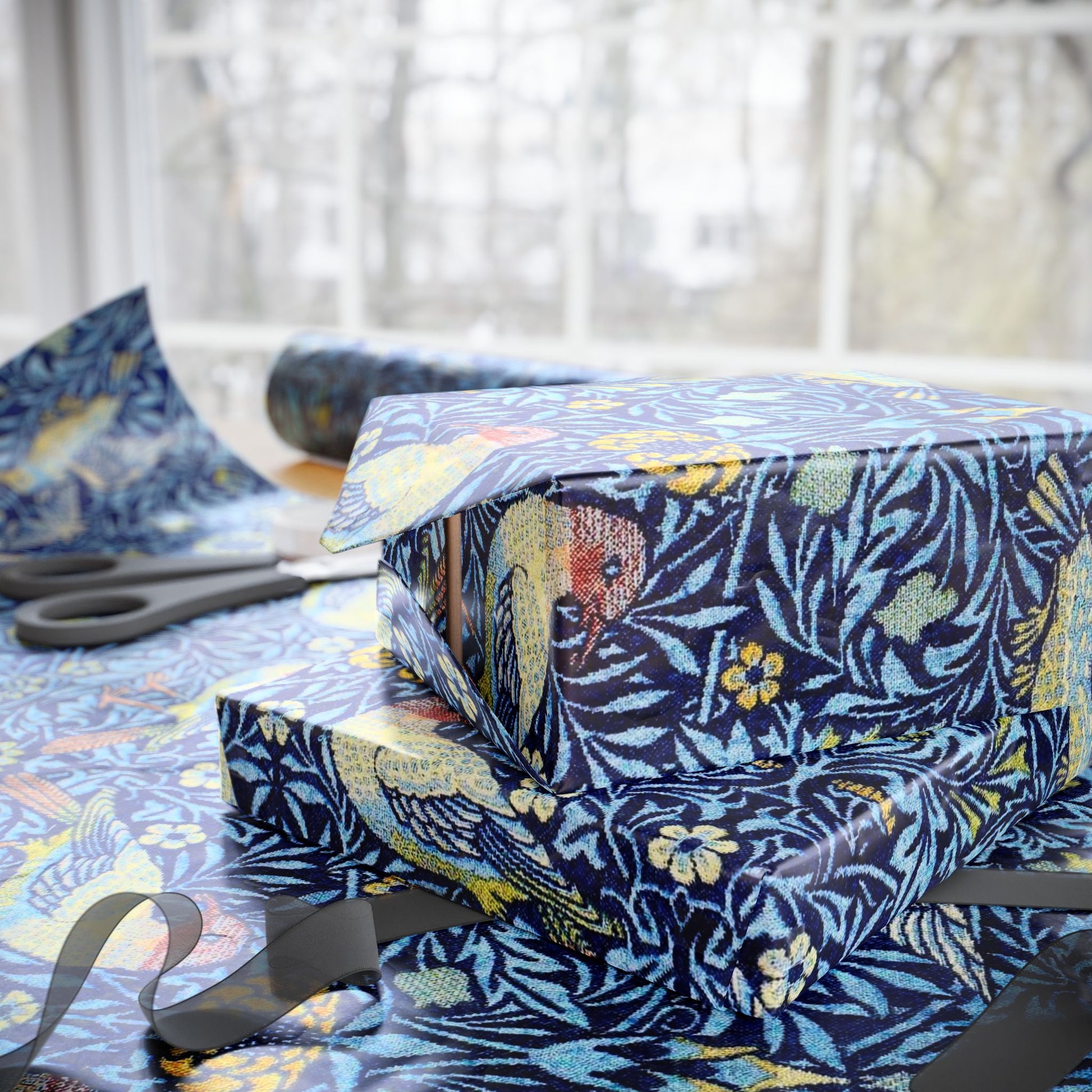 Stack of folded fabric with floral pattern on a table with scissors