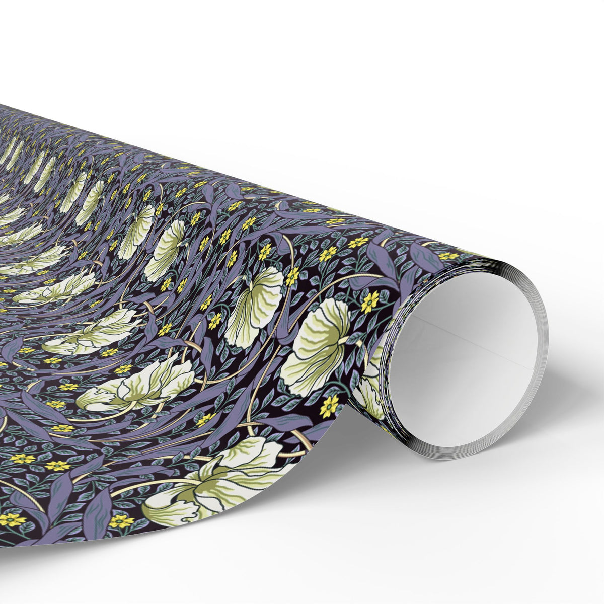 Roll of floral-patterned wrapping paper on a white background