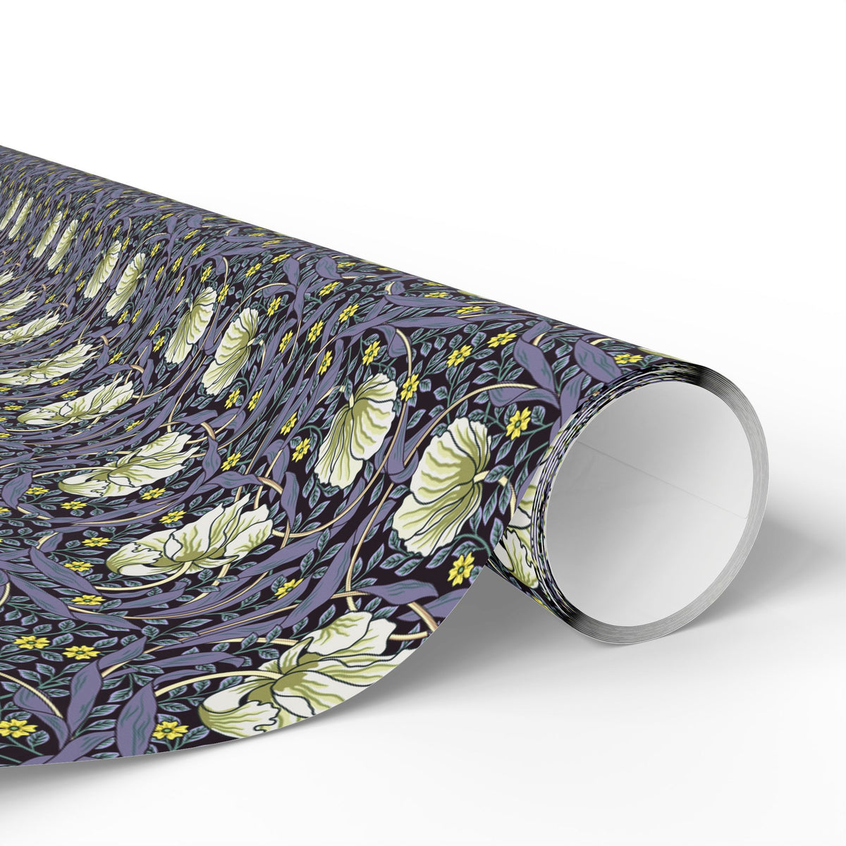 Roll of floral-patterned wrapping paper on a white background