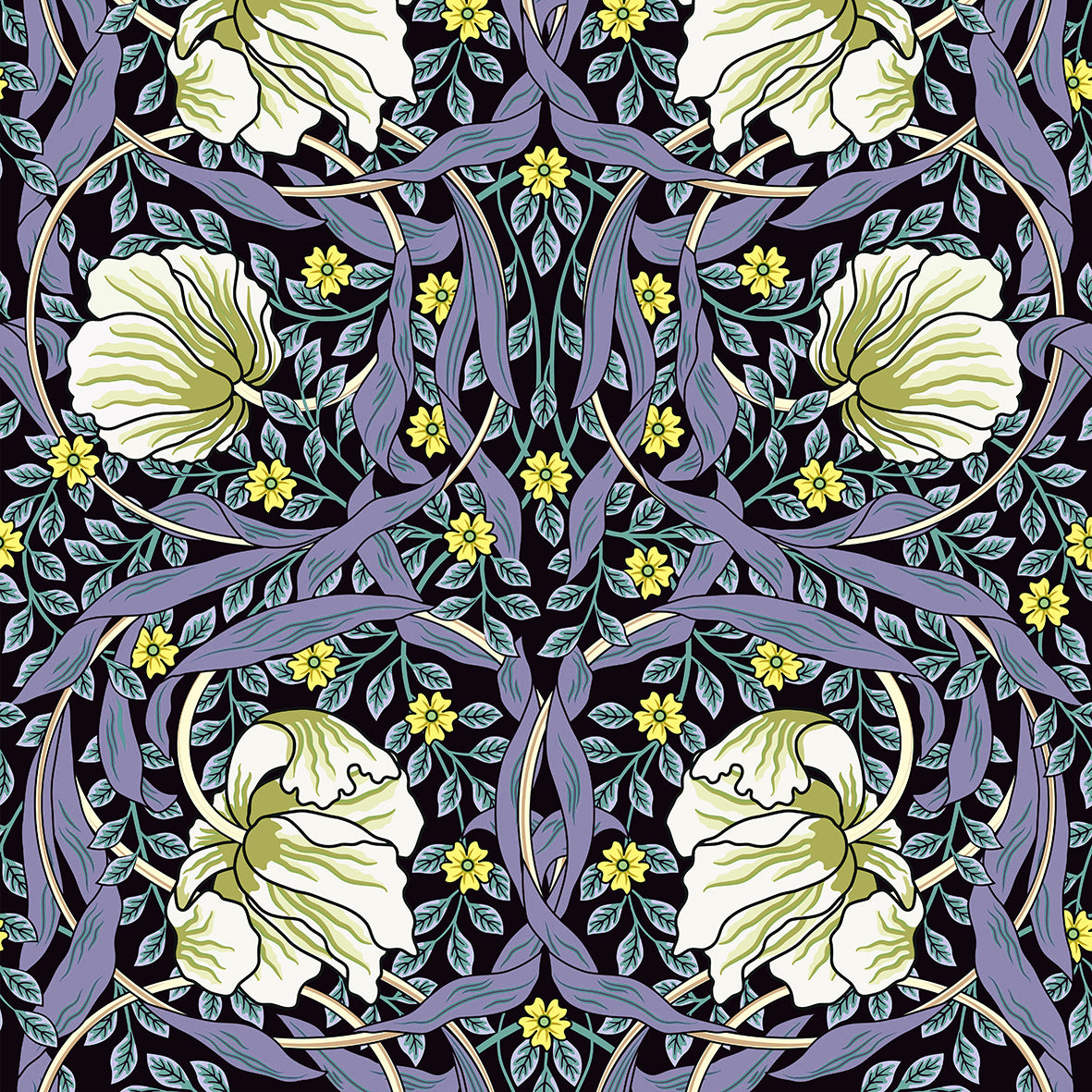 Decorative pattern with flowers and leaves on a dark background