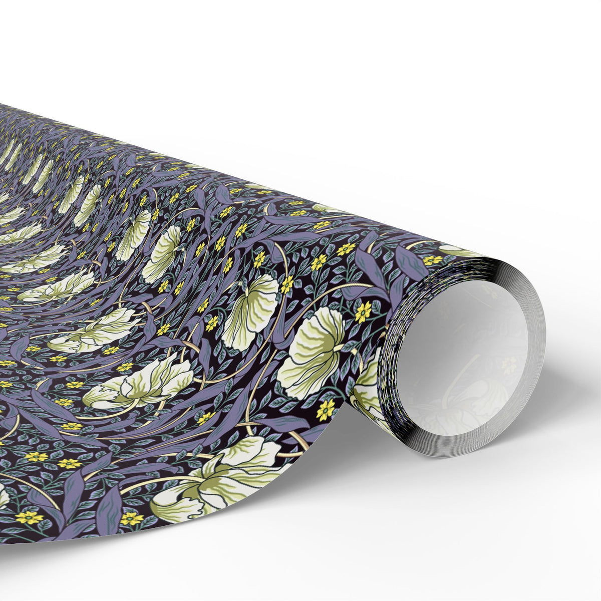 Roll of floral patterned paper on a white background