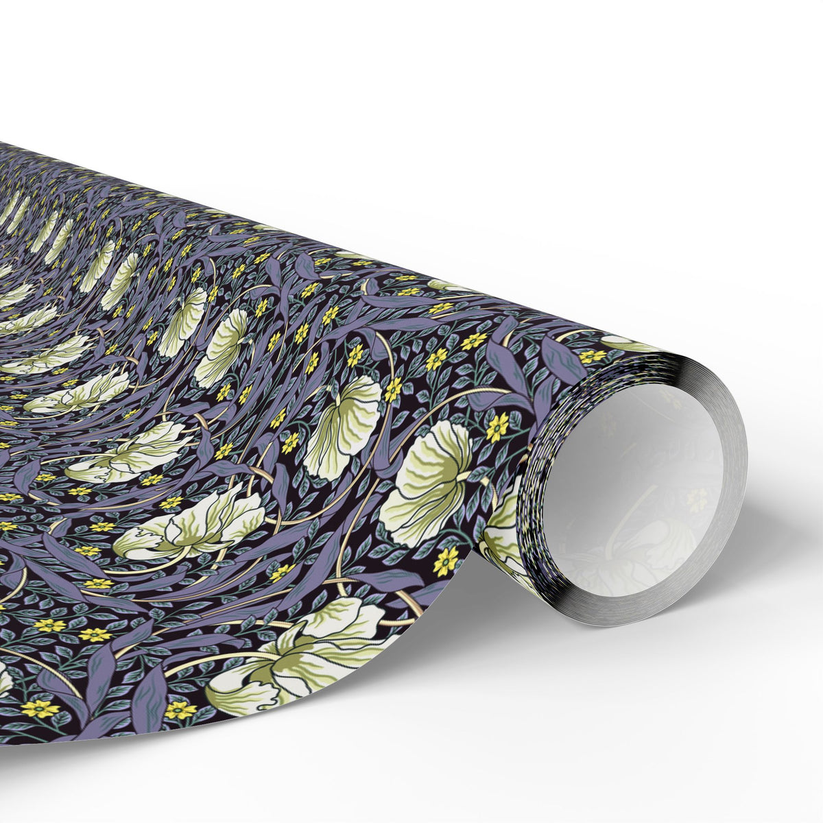 Roll of floral patterned paper on a white background