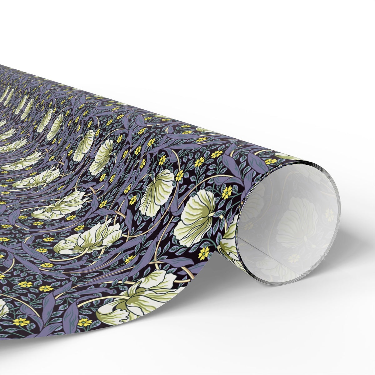 Roll of floral patterned paper on a white background