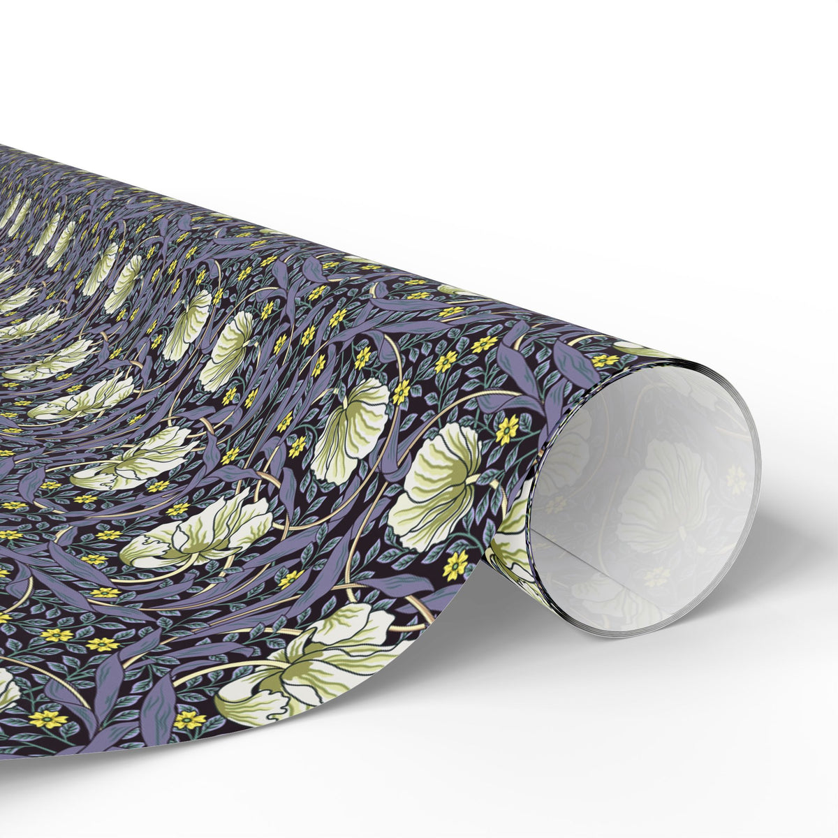 Roll of floral-patterned wrapping paper on a white background