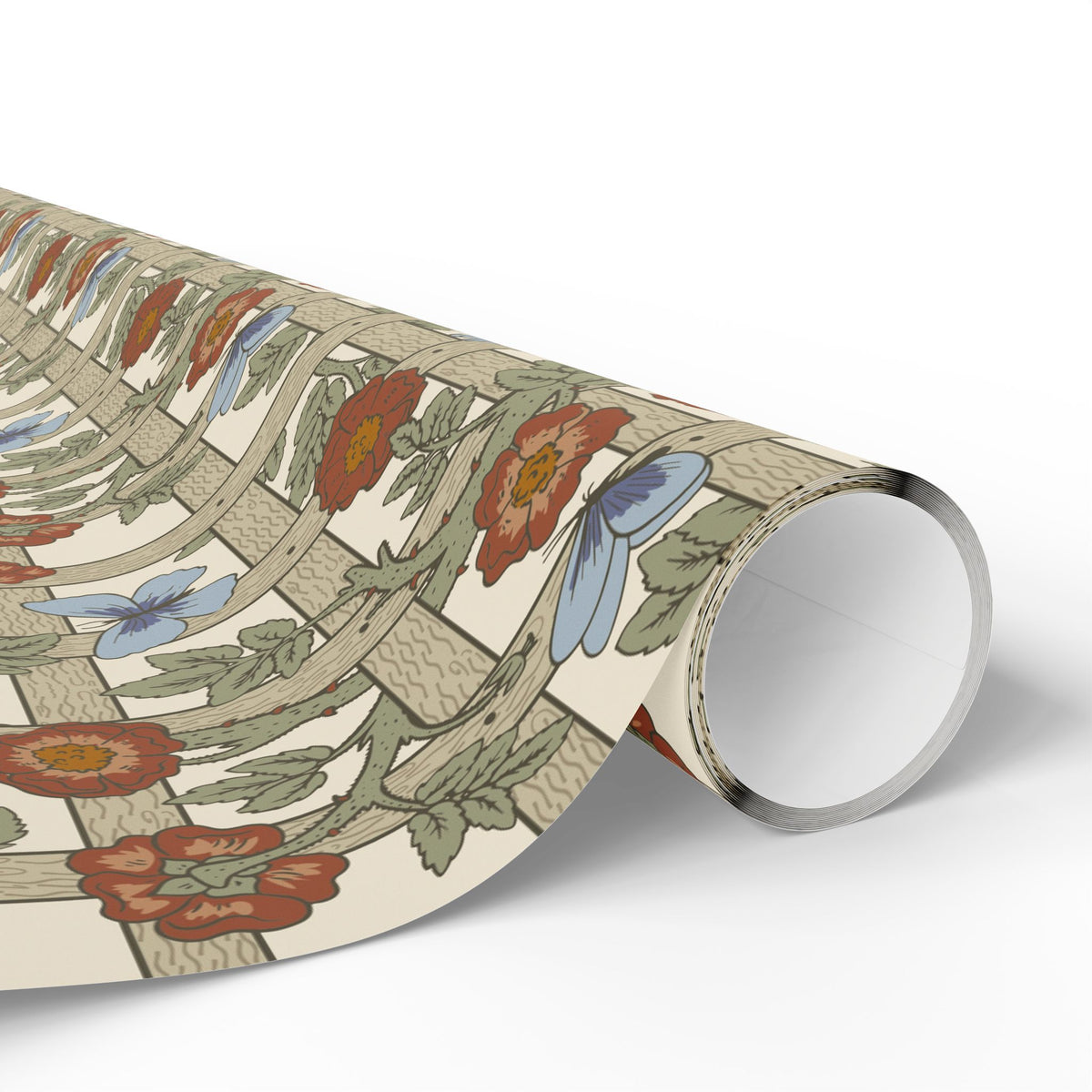 Roll of floral-patterned paper with a white background