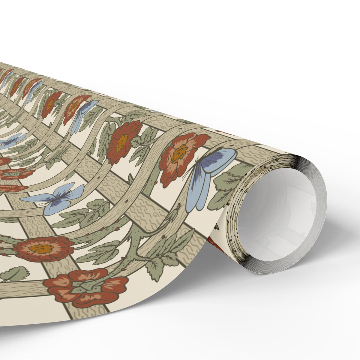 Roll of wrapping paper with floral and geometric design on a white background