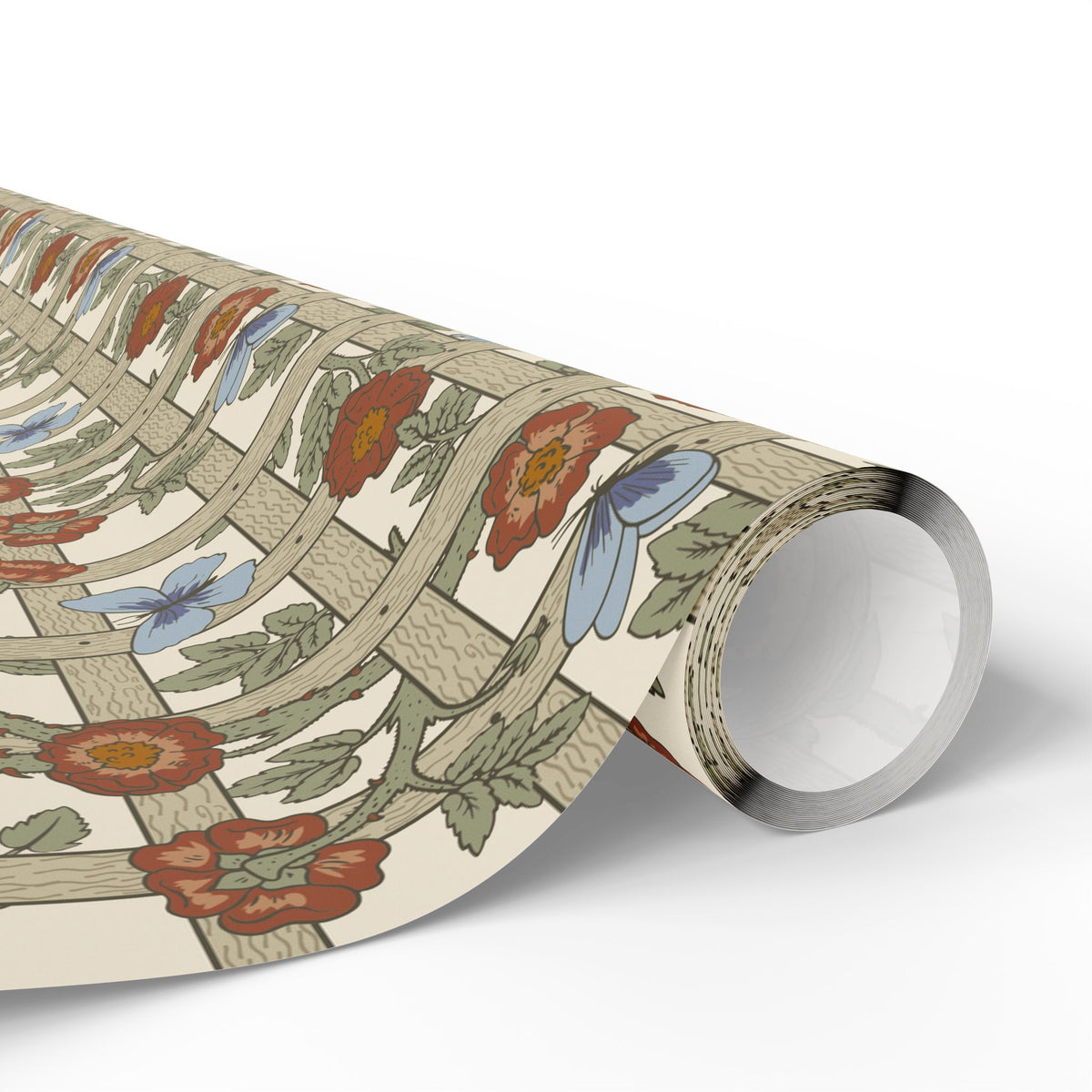 Roll of floral wrapping paper with a decorative design on a white background