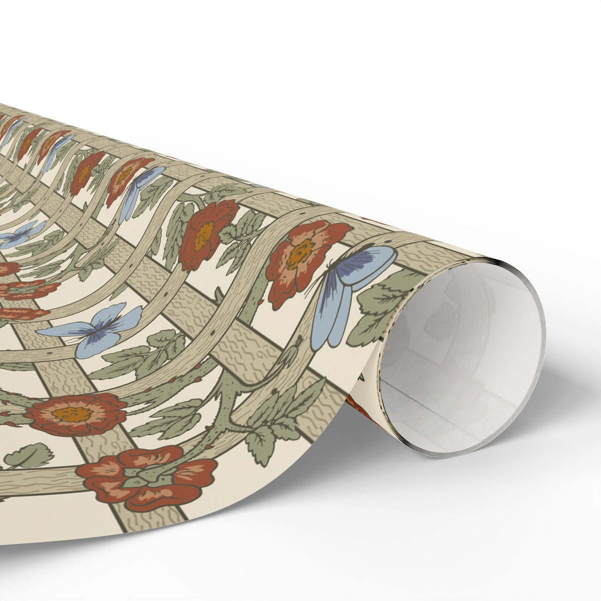 Roll of floral and butterfly patterned paper on a white background