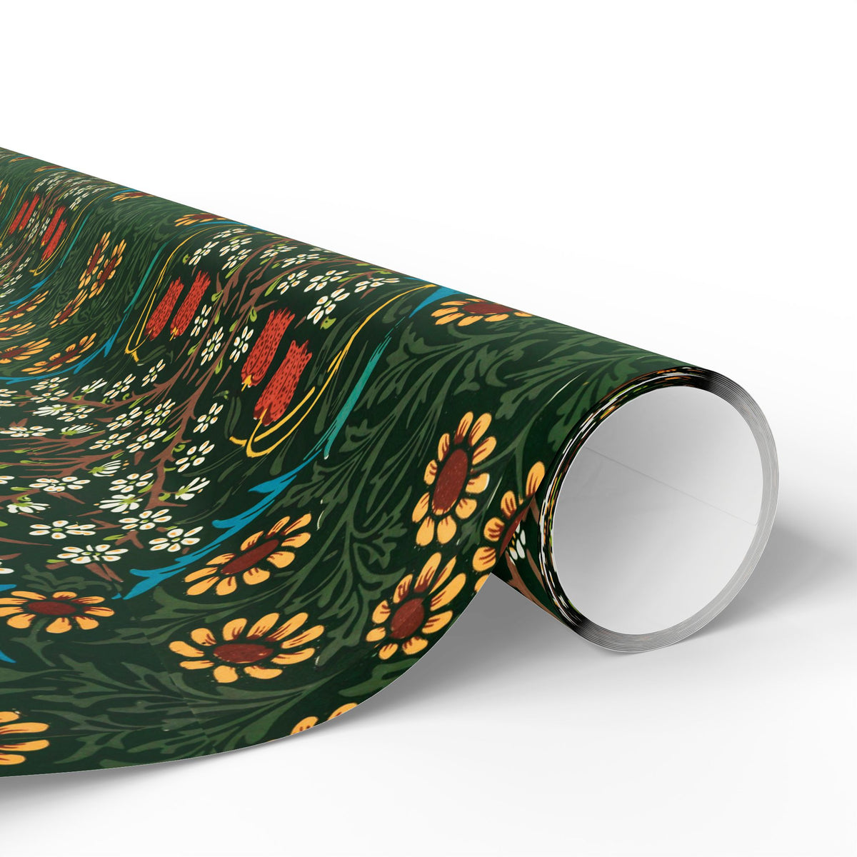 Roll of floral-patterned wrapping paper on a white background