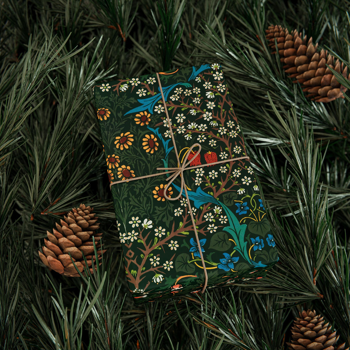 Decorative box with floral patterns on a pine branch with pine cones