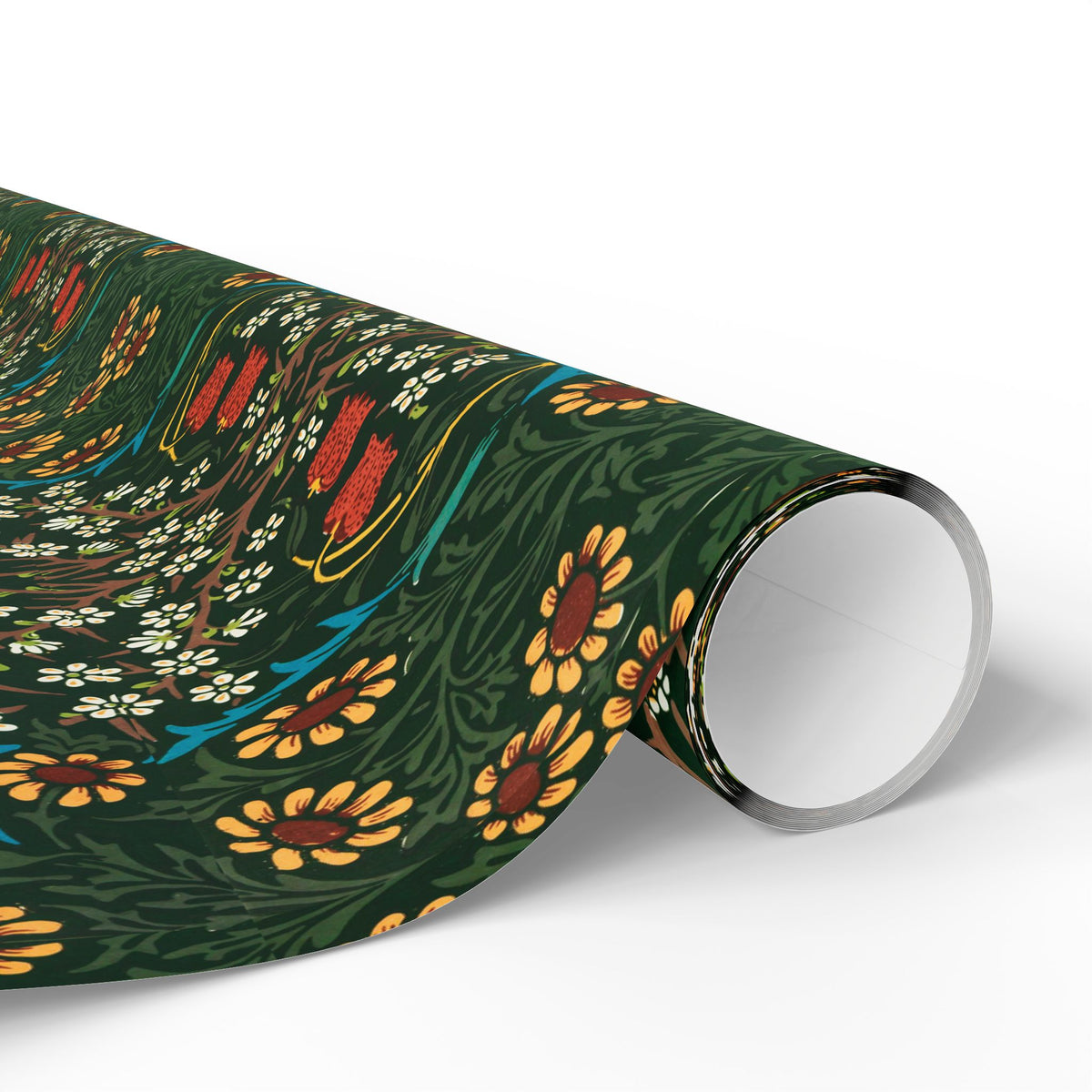 Roll of floral-patterned wrapping paper on a white background