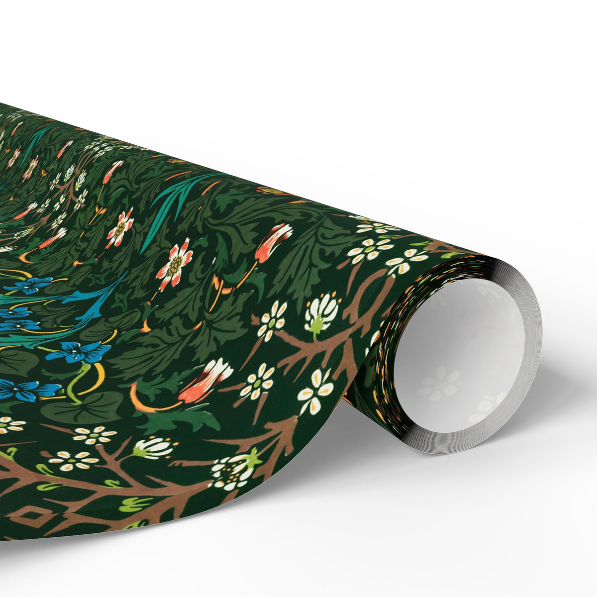 Roll of green floral wrapping paper on a white background
