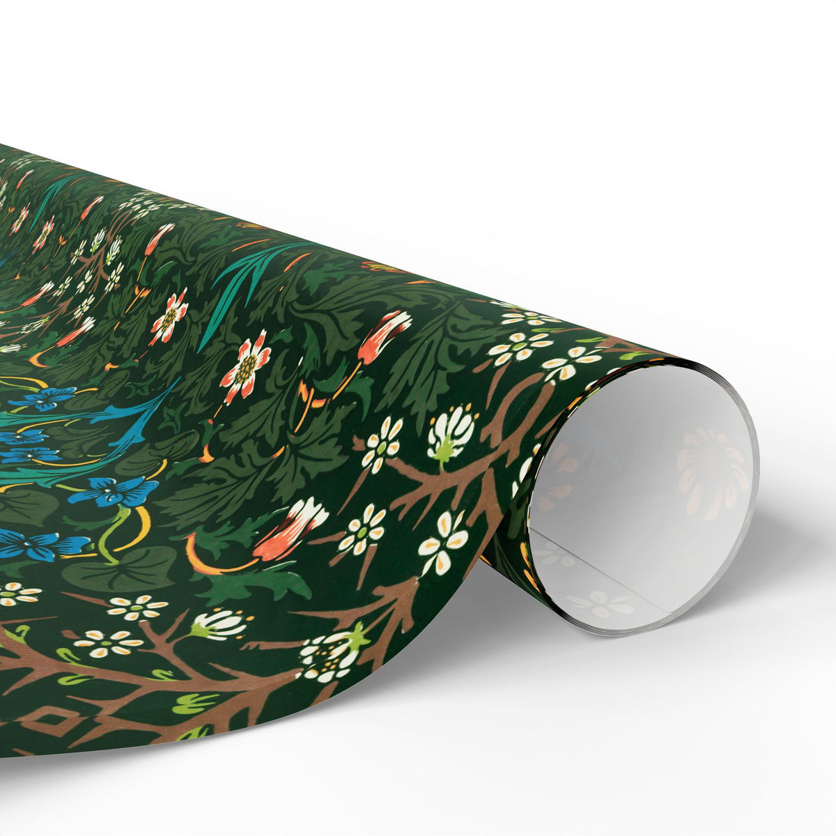 Roll of green floral and bird patterned paper on a white background