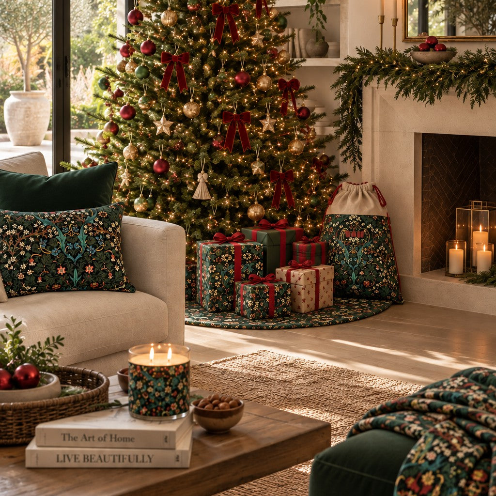A cozy holiday living room scene with a decorated Christmas tree, wrapped gift boxes, patterned storage bags, candles, pillows, and a fireplace mantel with greenery.