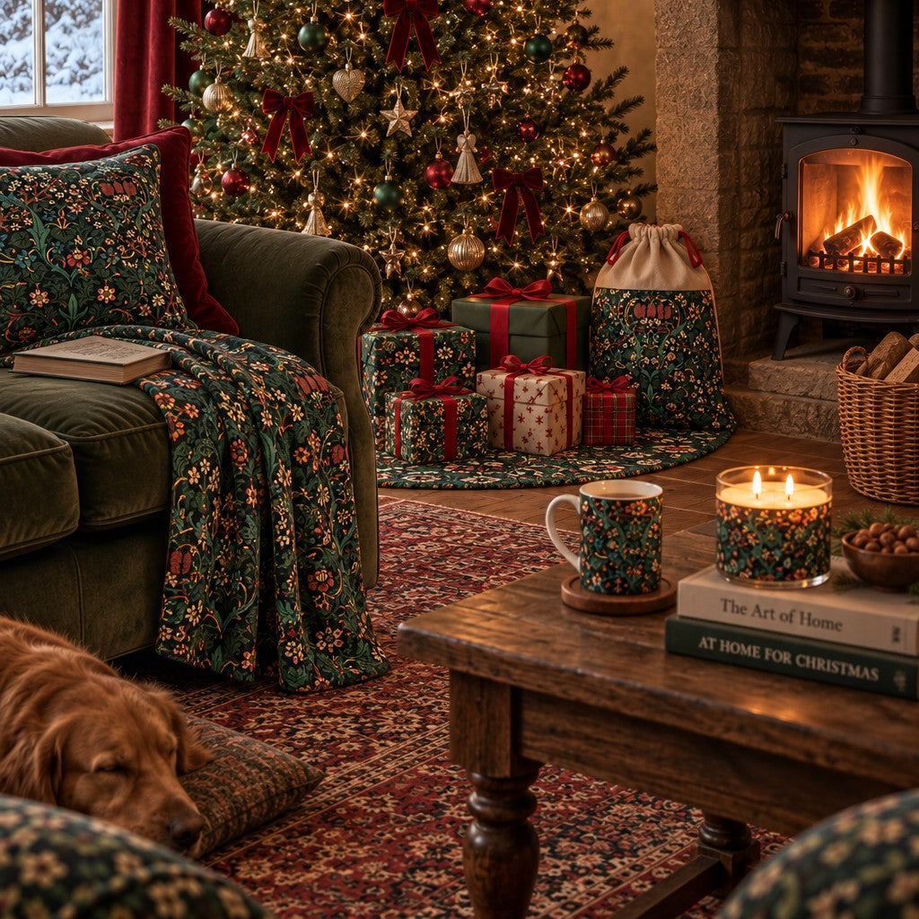 A cozy Christmas living room scene with a green floral throw blanket draped over an armchair, a matching mug and candle on the coffee table, a lit fireplace, wrapped gifts, and a decorated Christmas tree in the background.