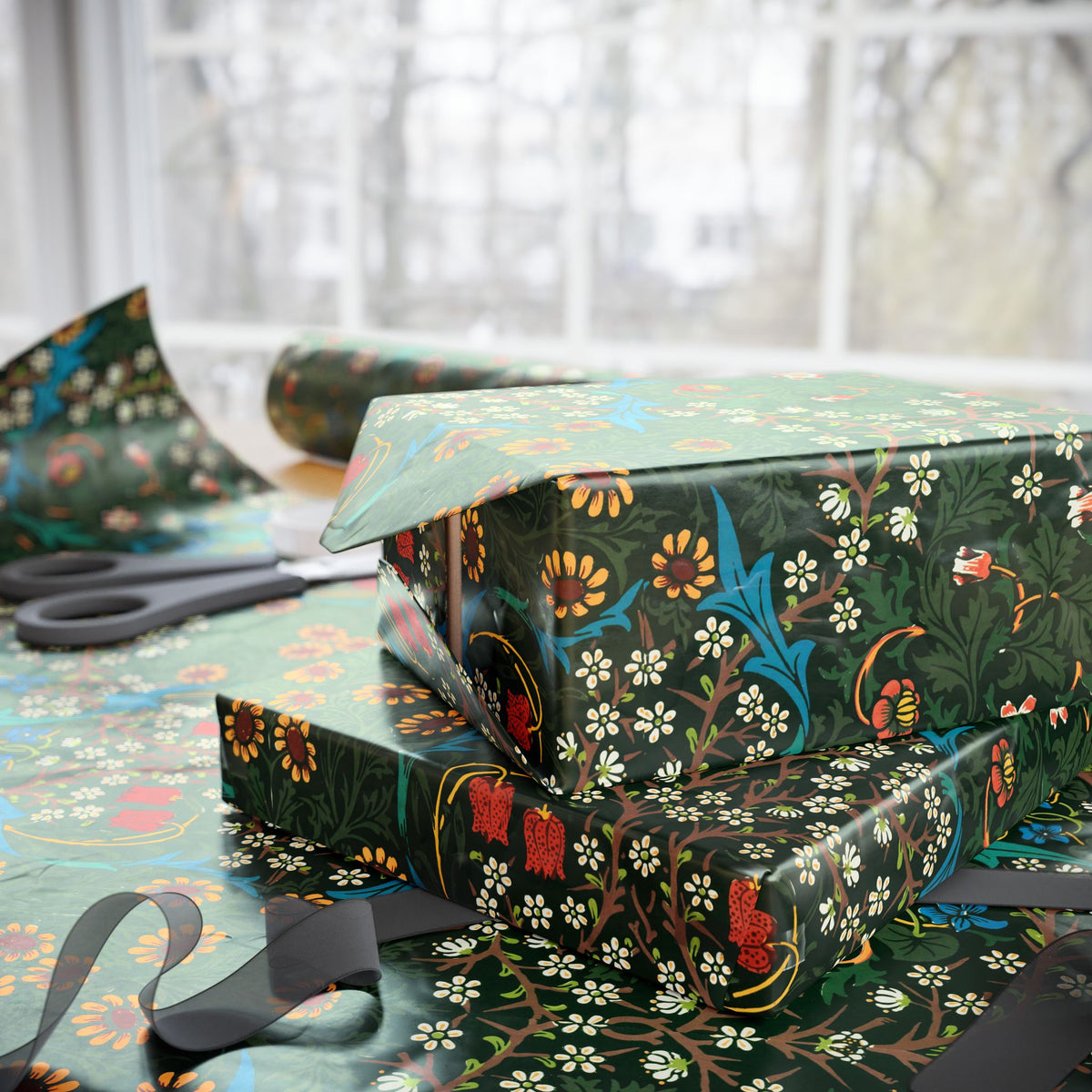 Gift wrapped in floral patterned paper with ribbons on a table.