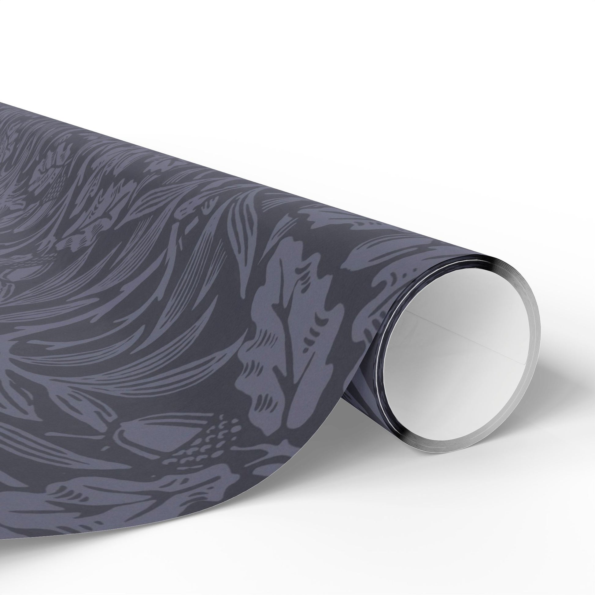 Roll of gray patterned vinyl wrap on a white background