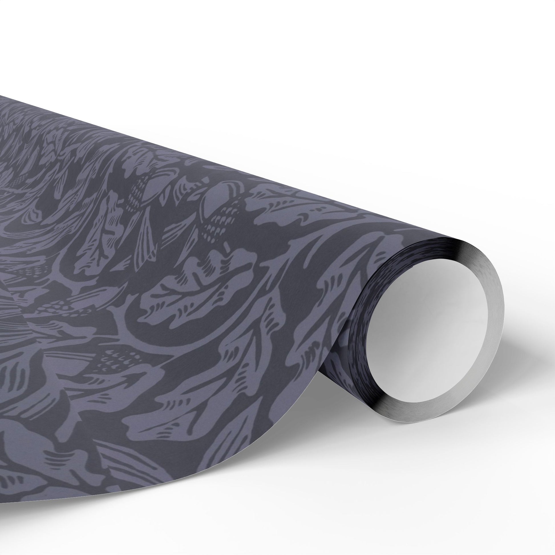 Roll of gray patterned paper on a white background