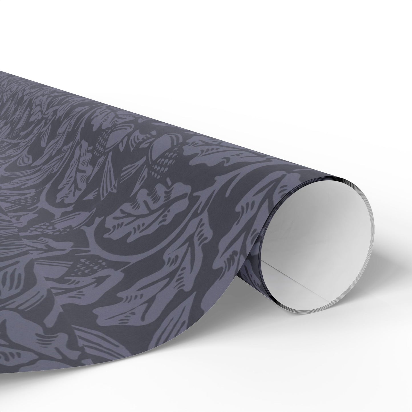 Roll of dark gray patterned paper on a white background