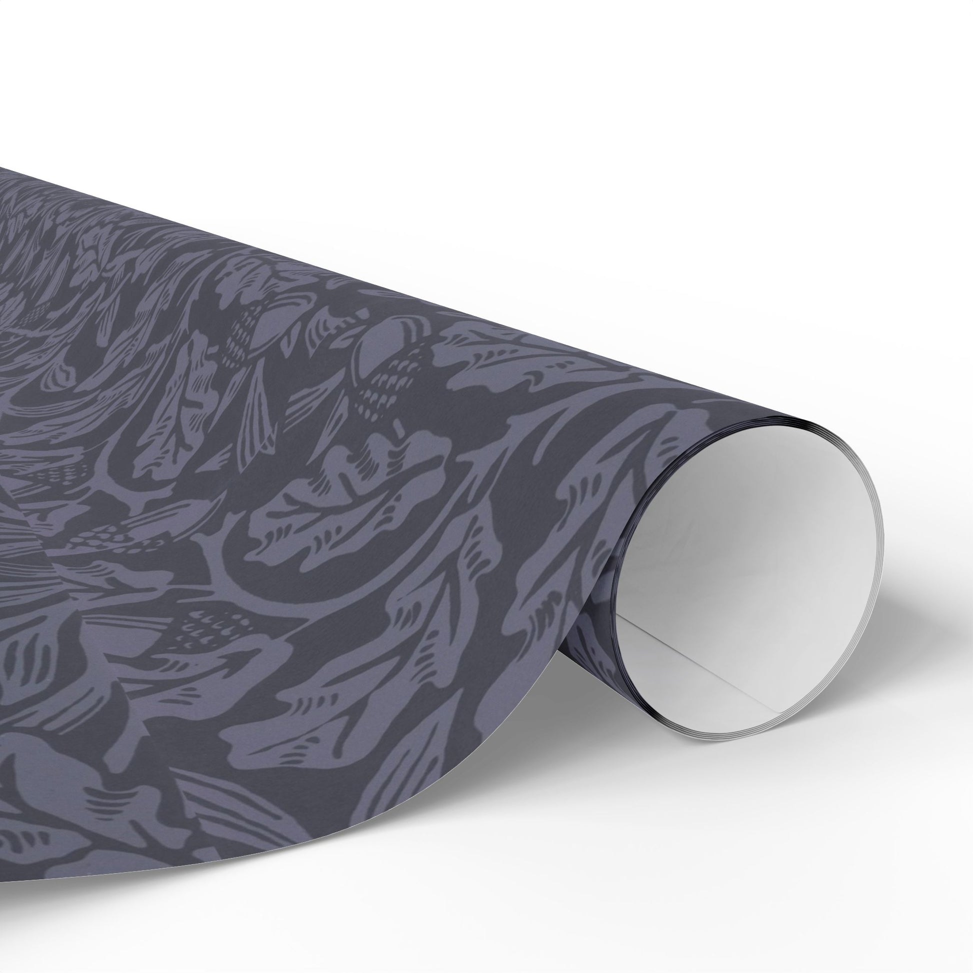 Roll of dark gray patterned paper on a white background