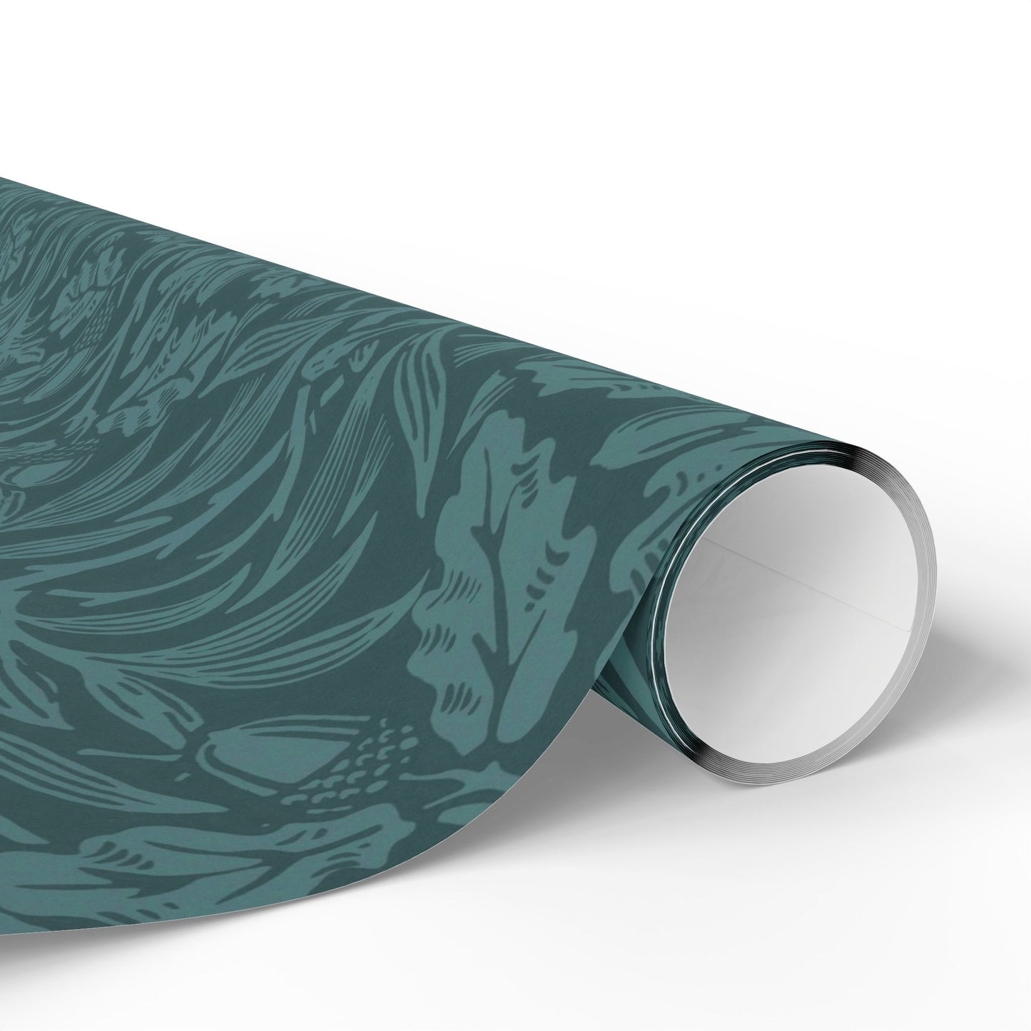 Roll of teal patterned wrapping paper on a white background