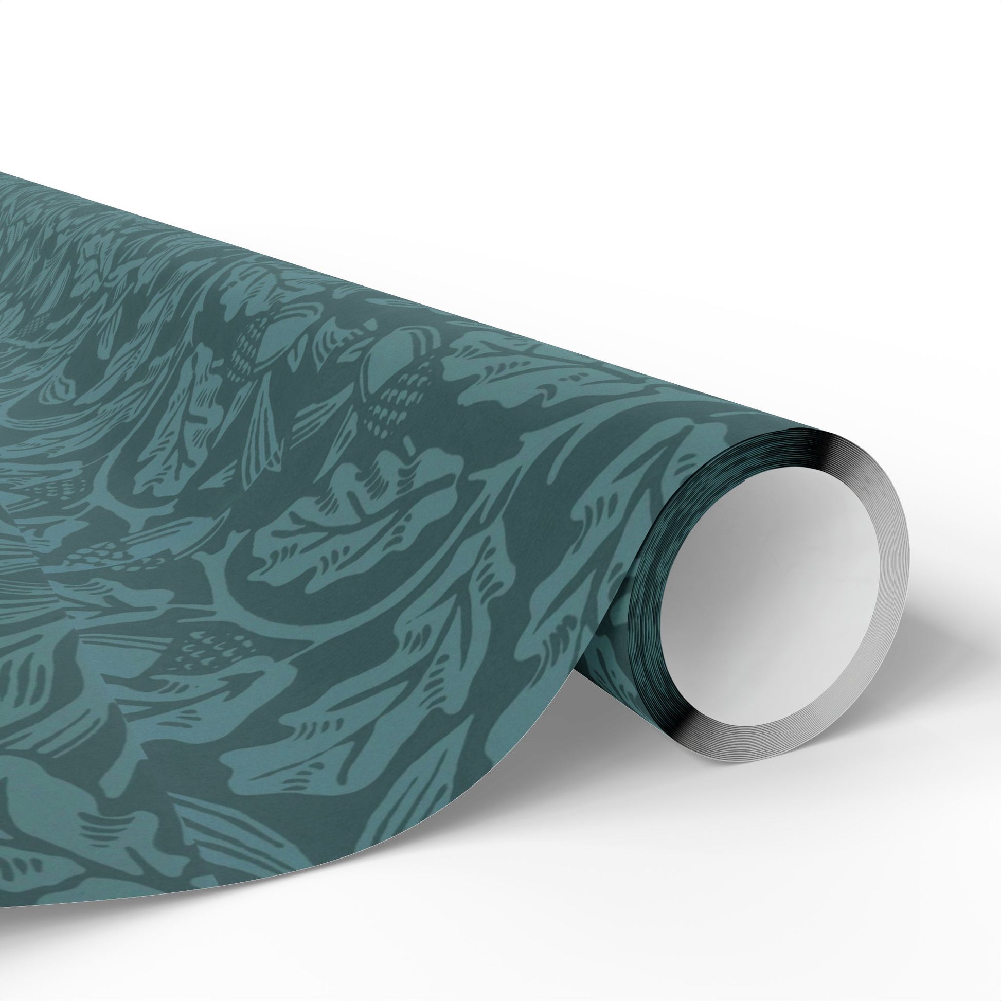 Roll of teal patterned paper on a white background