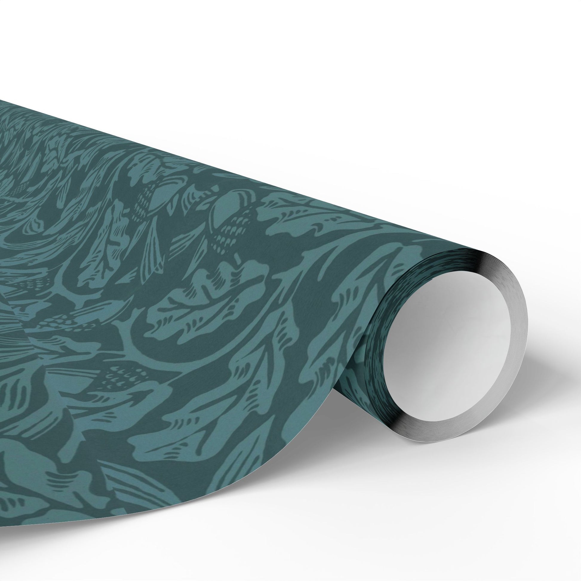 Roll of teal patterned paper on a white background