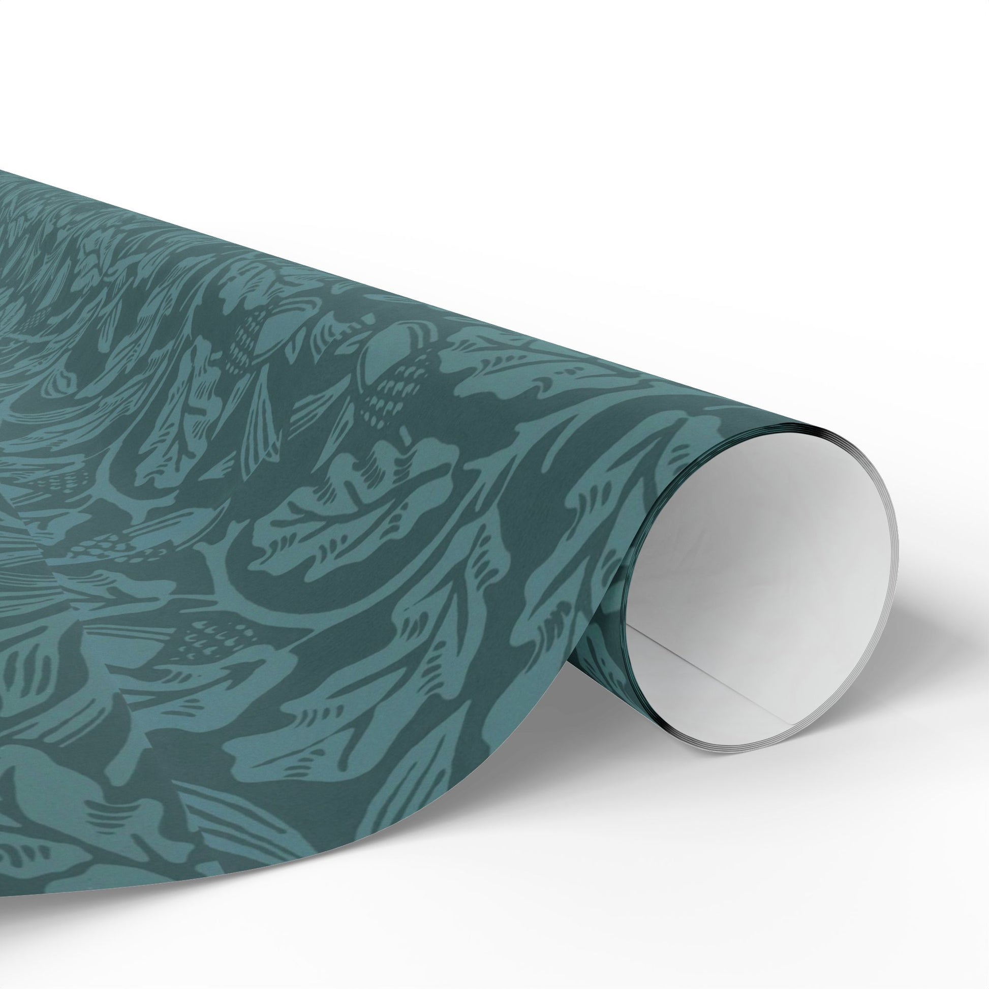 Roll of teal patterned paper on a white background