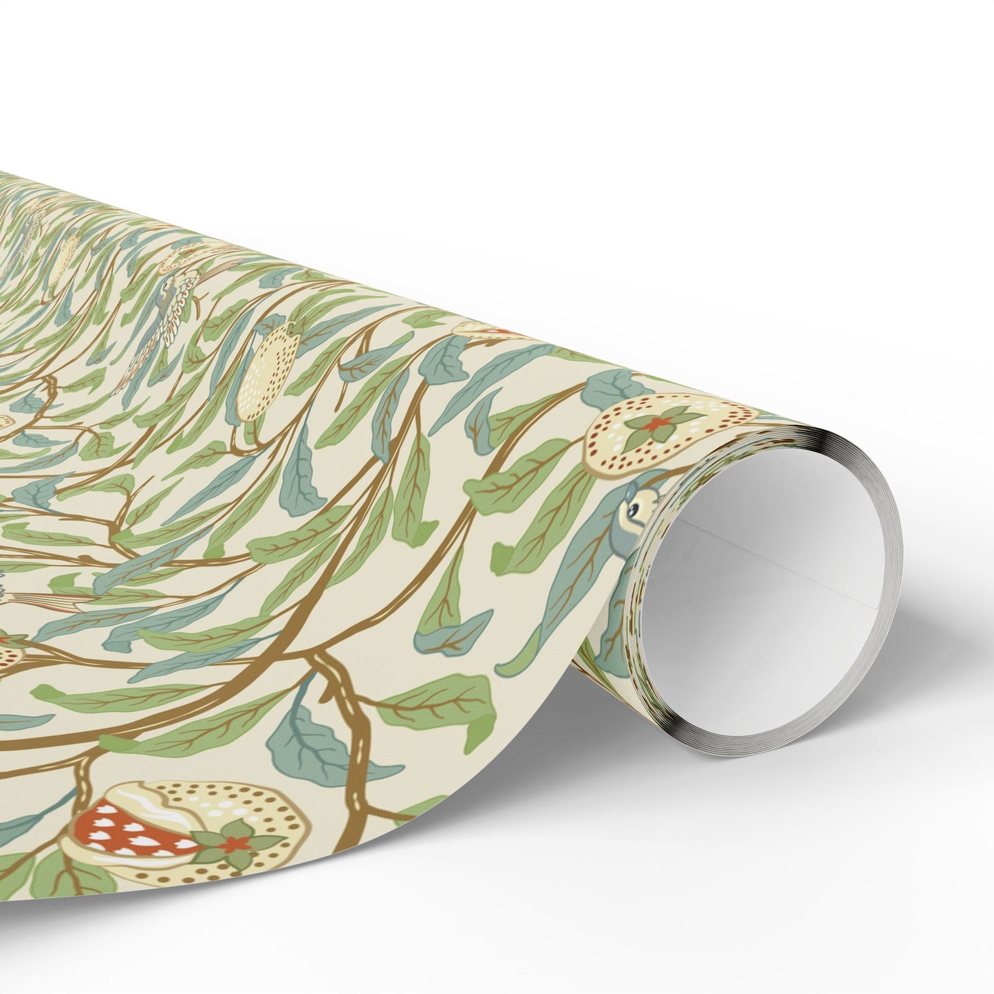 Roll of decorative paper with nature-themed design on a white background