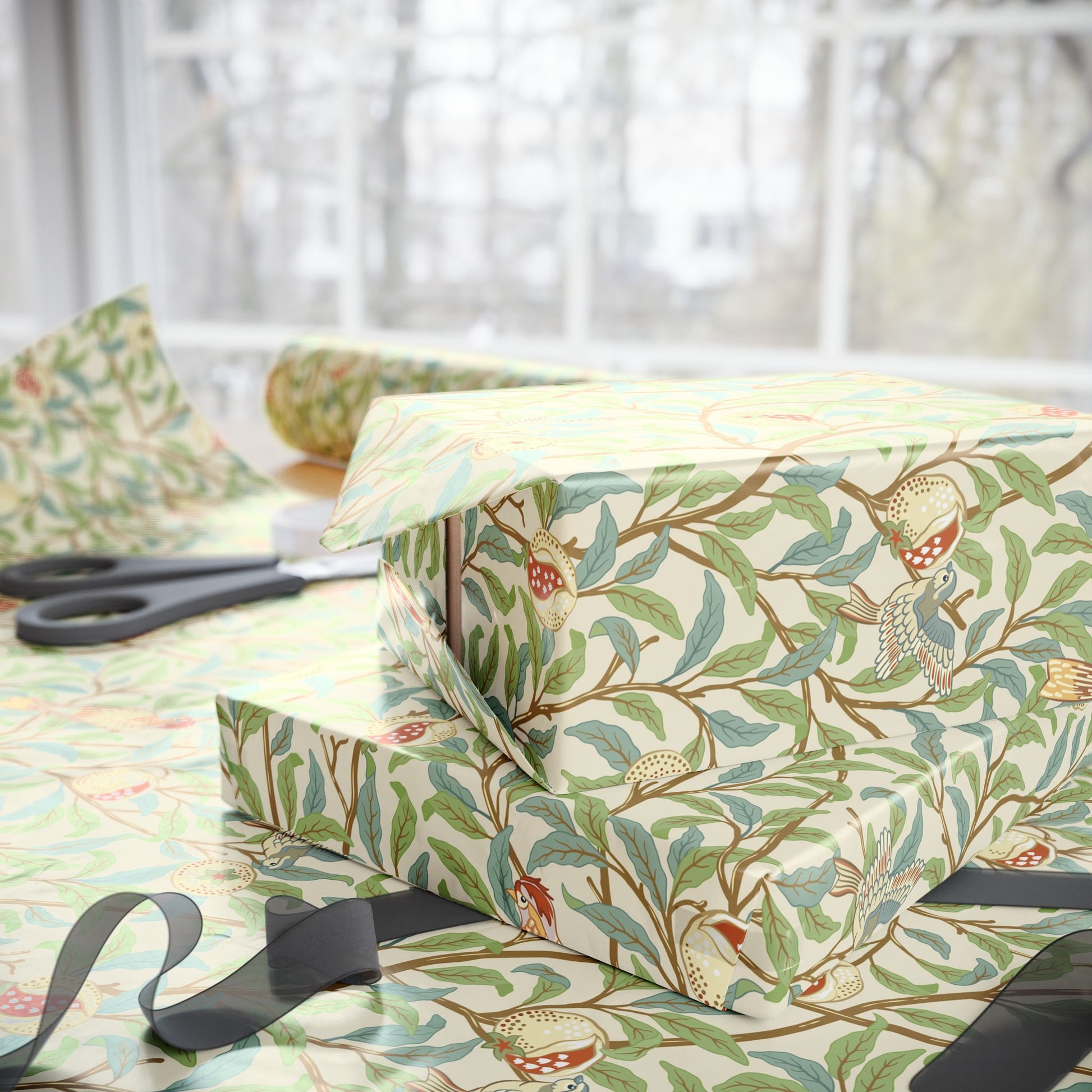 Gift boxes wrapped in patterned paper with scissors on a table
